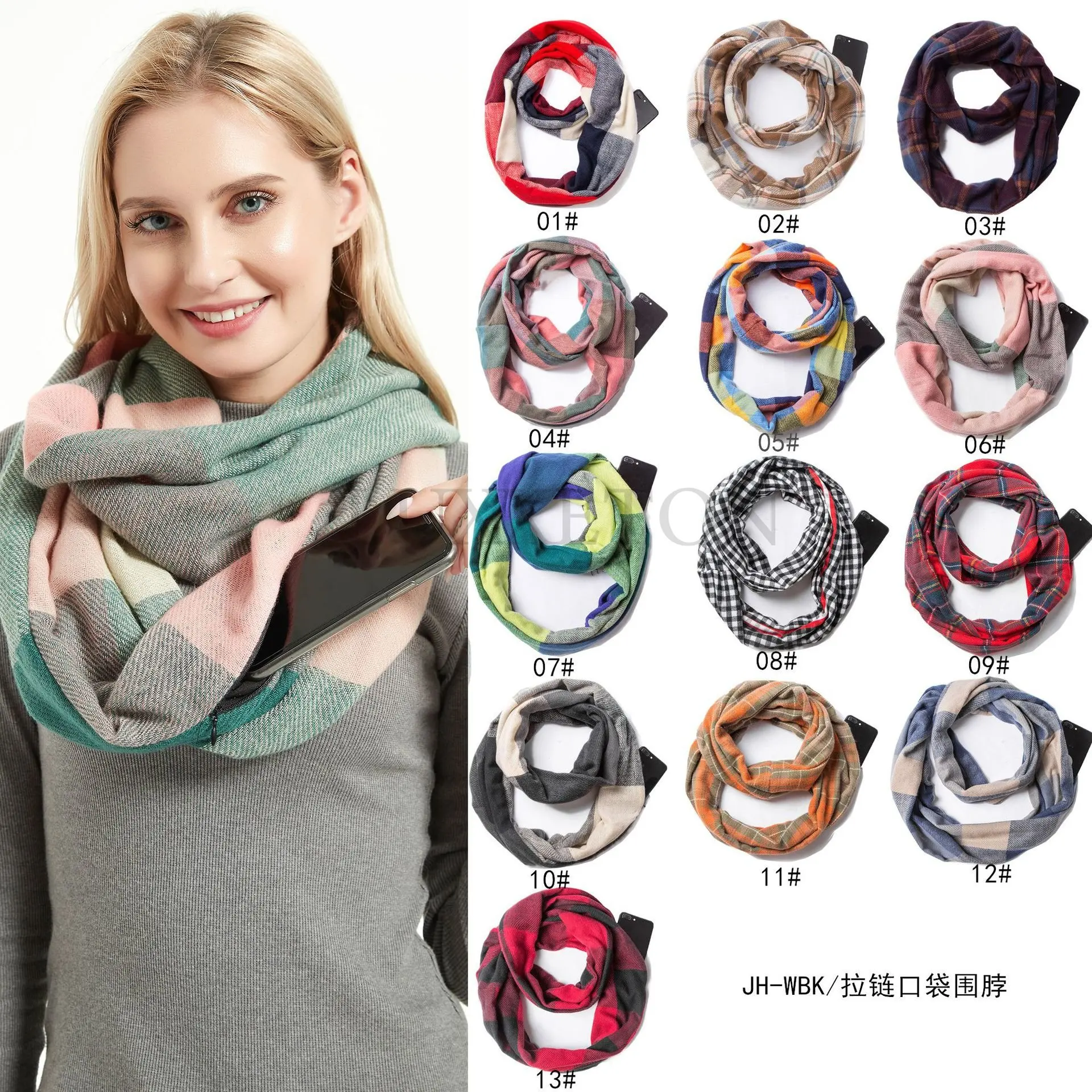 Women's Cashmere Checker Scarf Winter Warm Hidden Zip Pocket Scarf Women's Neck Warm Travel Ring