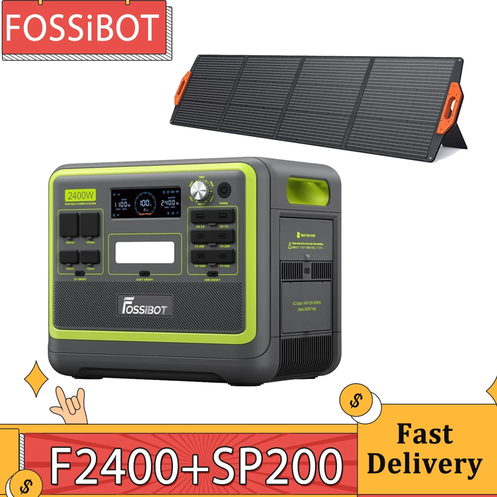 Fossibot F2400 Centrale Elettrica Portatile + Pannello Solare Pieghevole Sp200 18V 200W, Batteria Lifepo4 2048Wh, Generatore Solare 2400W