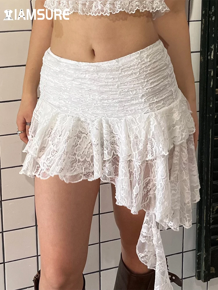 IAMSURE Vintage Lace Asymmetrical Skirts With Shorts Sexy Slim Mid-Waisted Mini Skirts Women 2024 Summer Fashion Streetwear Lady