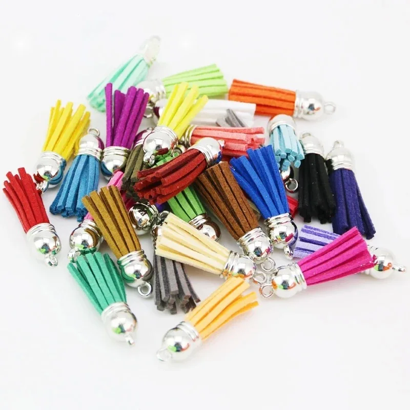 

Wholesale 100Pcs 38mm Sliver Suede Faux Leather Tassel For Keychain Cellphone Straps Jewelry Summer DIY Pendant Charms Finding