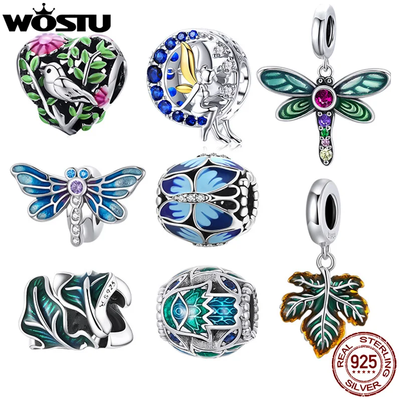 

WOSTU 925 Стерлинговое серебро Стрекоза цветок и птица бусины Природа серии амулеты подходят оригинальный браслет ожерелье ювелирное изделие подарок