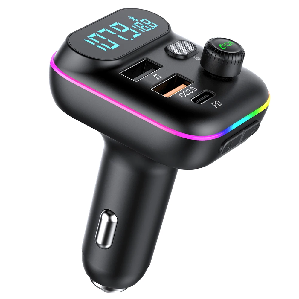 

T70 bluetooth V5.0 FM Transmitter 20W PD + QC3.0 USB Car Charger 9 Colors RGB Backlit Light Larger LCD Digital Display Wireless