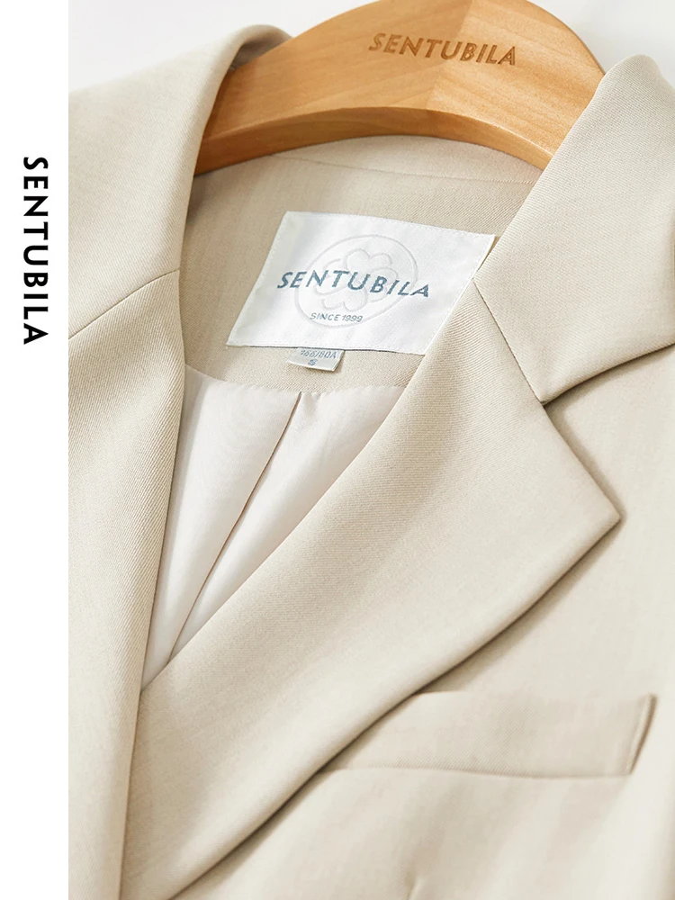 SENTUBILA Straight-cut Blazer for Women 2024 Spring Office Wear Light Khaki Suit Jacket Padded Shoulder Blazers Coat 141X53157