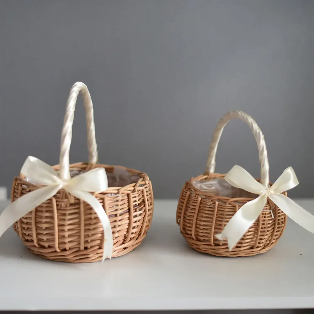 Wicker Rattan Flower Basket with Handle for Wedding Party Decor