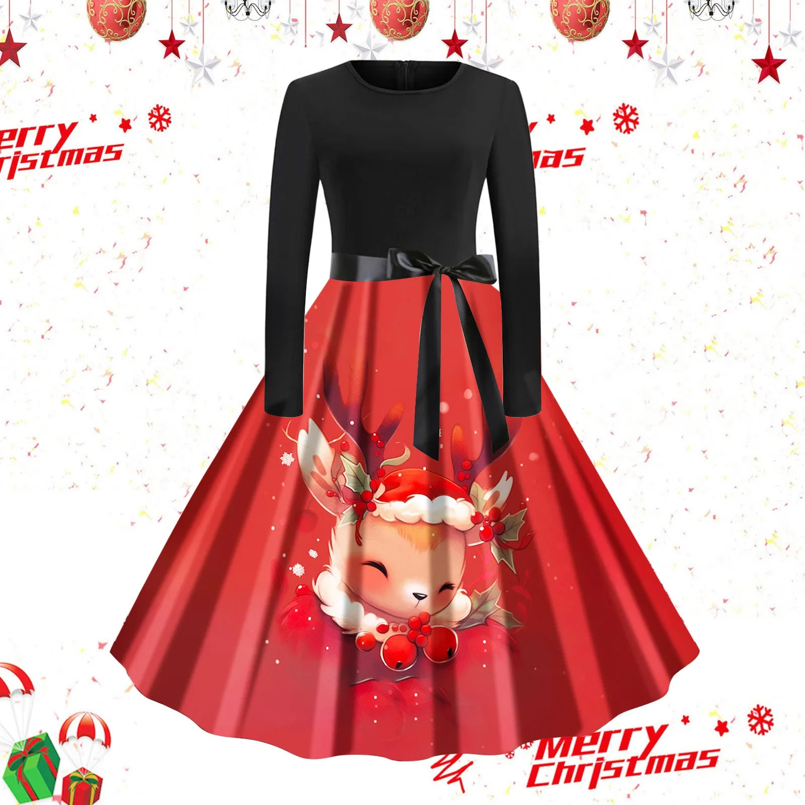

Womens Fashion Christmas Animal Print Round Neck Long Sleeve Retro Casual Dress One Summer Work Dresses