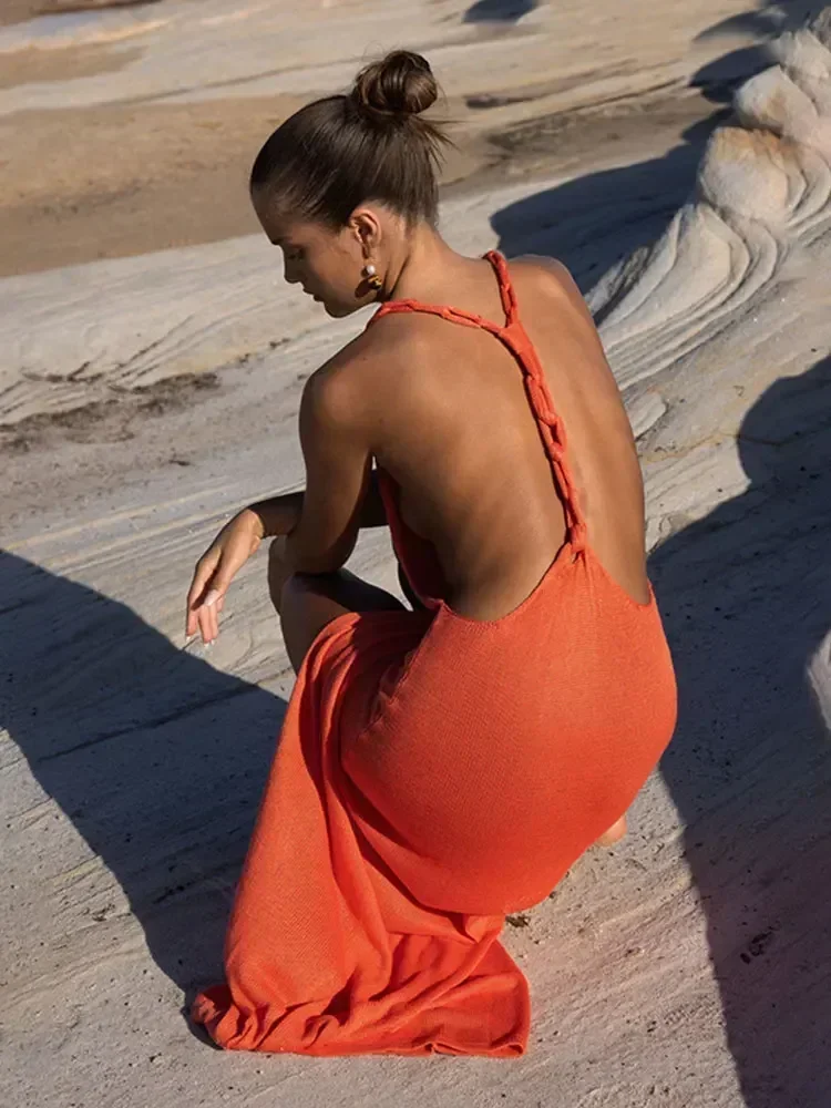 

2024 Sexy Women Summer Orange Backless Slit Beach Maxi Dress Knitted Cut Out Swimsuit Bikini Cover-ups Holiday Beach Wear