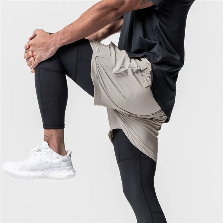 Men's Leggings Fake Two Pieces Fitness Sports Running Training Leisure Elastic Quick Drying Pants Cargo Mid-Waist Trousers