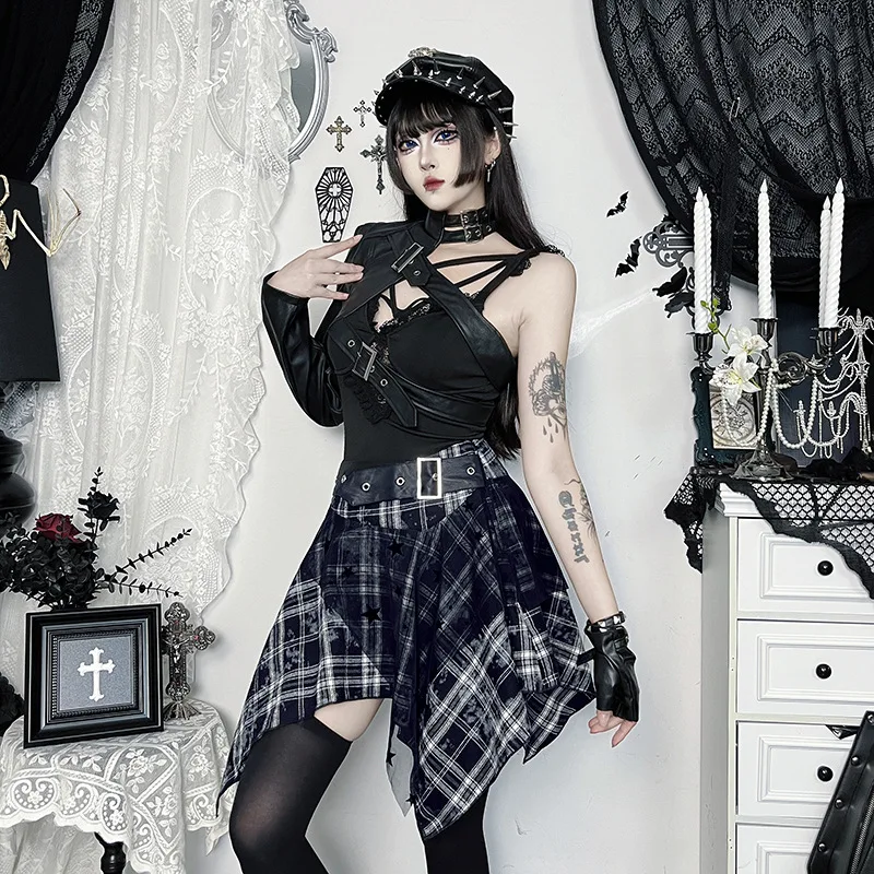 Goth Dark Punk Gothic Grunge Irregular Lace Hem Mini Skirts Women Mall Goth Plaid Pleated Skirt Belt Y2K Alt Streetwear Bottoms