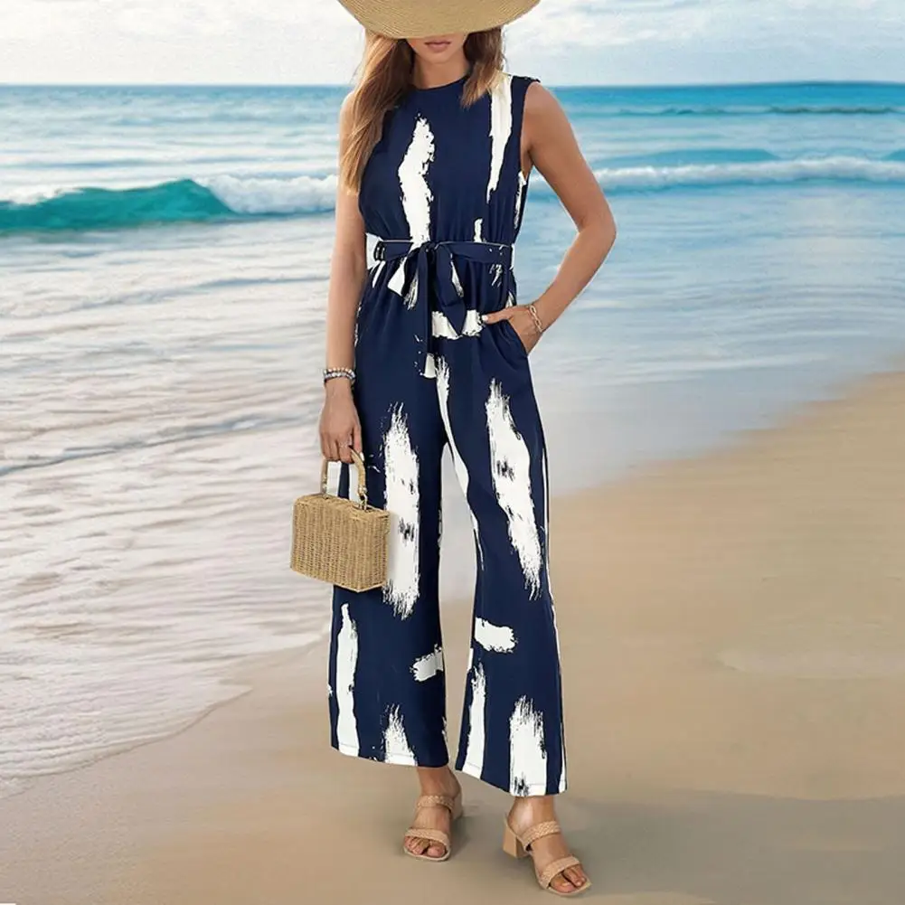 

Summer Vacations Jumpsuit Stylish Women's Printed Sleeveless Romper with Wide Leg High Waist One Piece Design for Work Parties