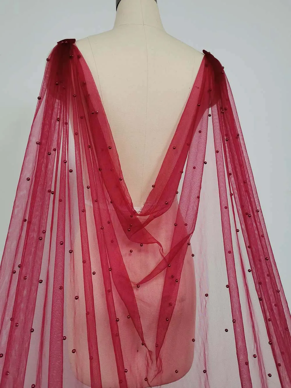 Burgundy Pearls Wedding Cape with Pins 3 Meters Long Bridal Bolero with Pearls Shoulder Veil Wedding Accessories