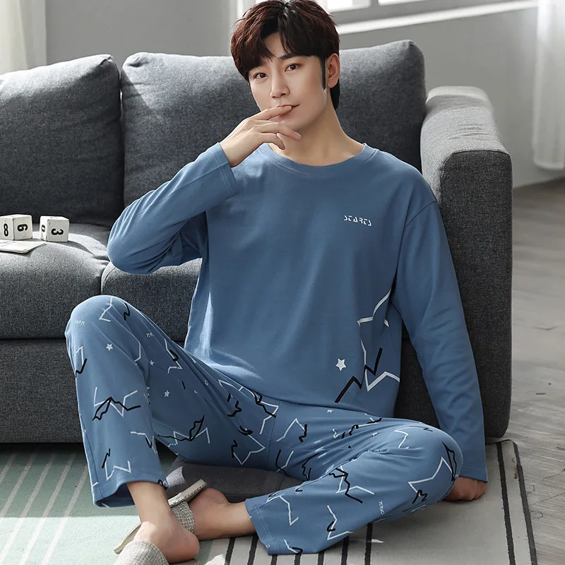 Spring Autumn Men's Long-Sleeved Long Trousers Pajamas Thin Cotton Leisure Homewear Suit