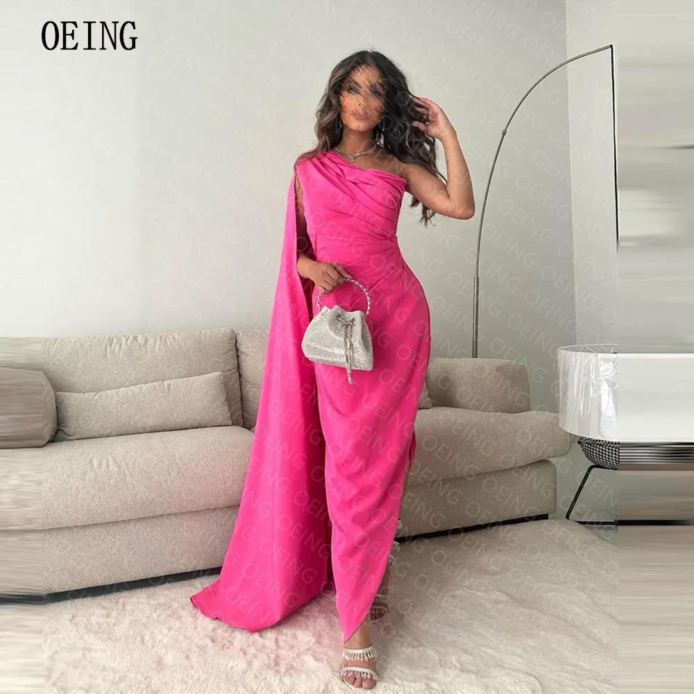 

OEING A-line Fuschia One Shoulder Cape Sleeves Side Slit Pleats Formal Evening Party Dresses 2023 New Saudi Arabic Prom Gowns