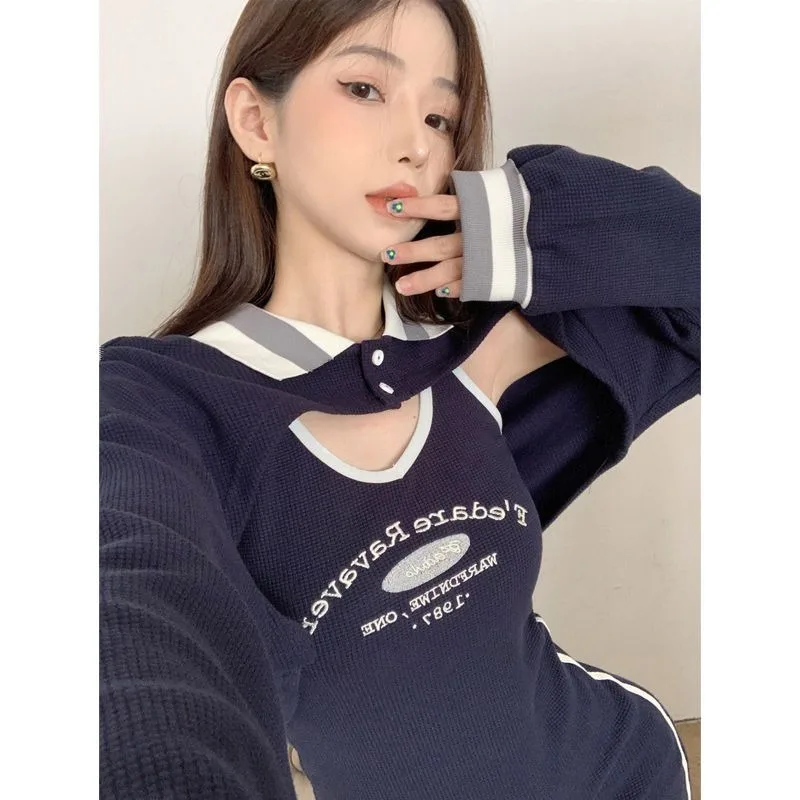 Y2k Skirt Sets Dress Polo Collar Blouse Women Long-sleeved Loose Temperament Elegant Trend Short Hoodie Coat Top Two-piece Set