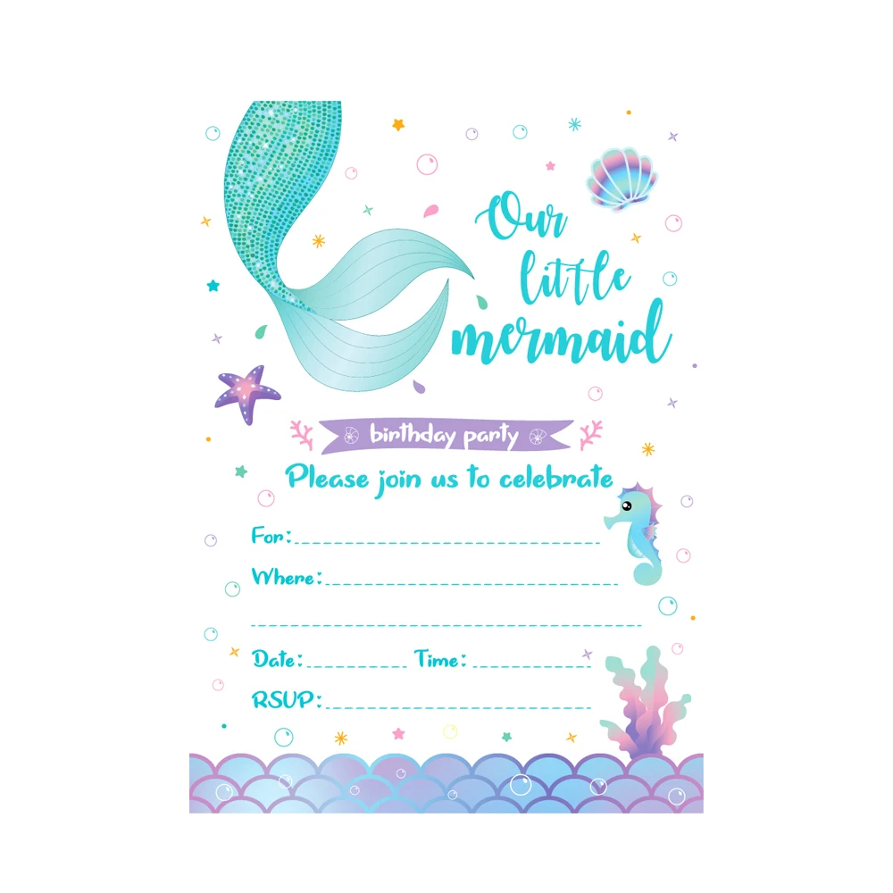 10X Cartoon Mermaid Shell Invitation Letter Girls Wedding Birthday Party Single Page Greeting Cards Baby Shower Party Decoration