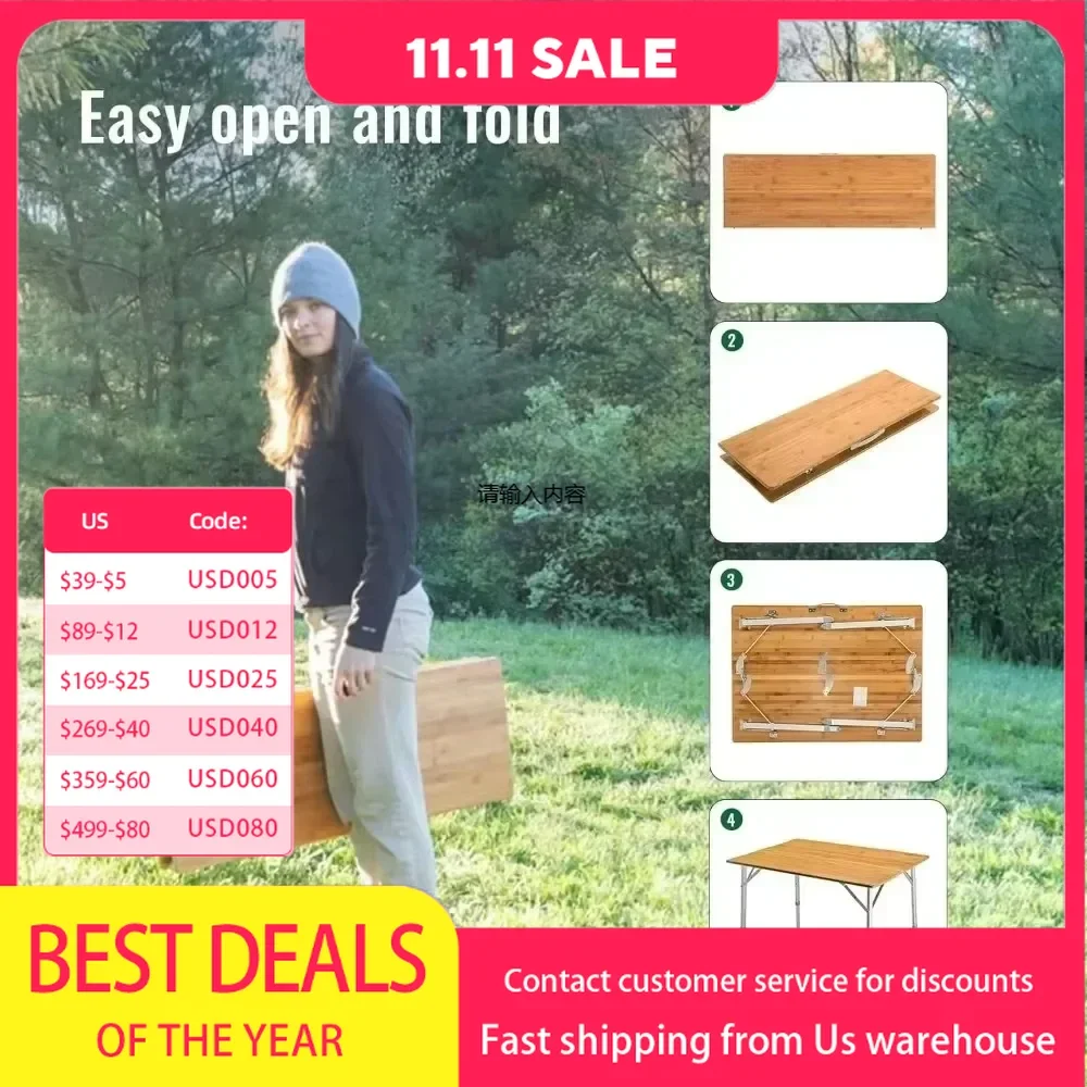 Bamboo Folding Table Portable Camping Table Adjustable Height Camping for Travel Picnic Beach Outdoor and Indoor Tables