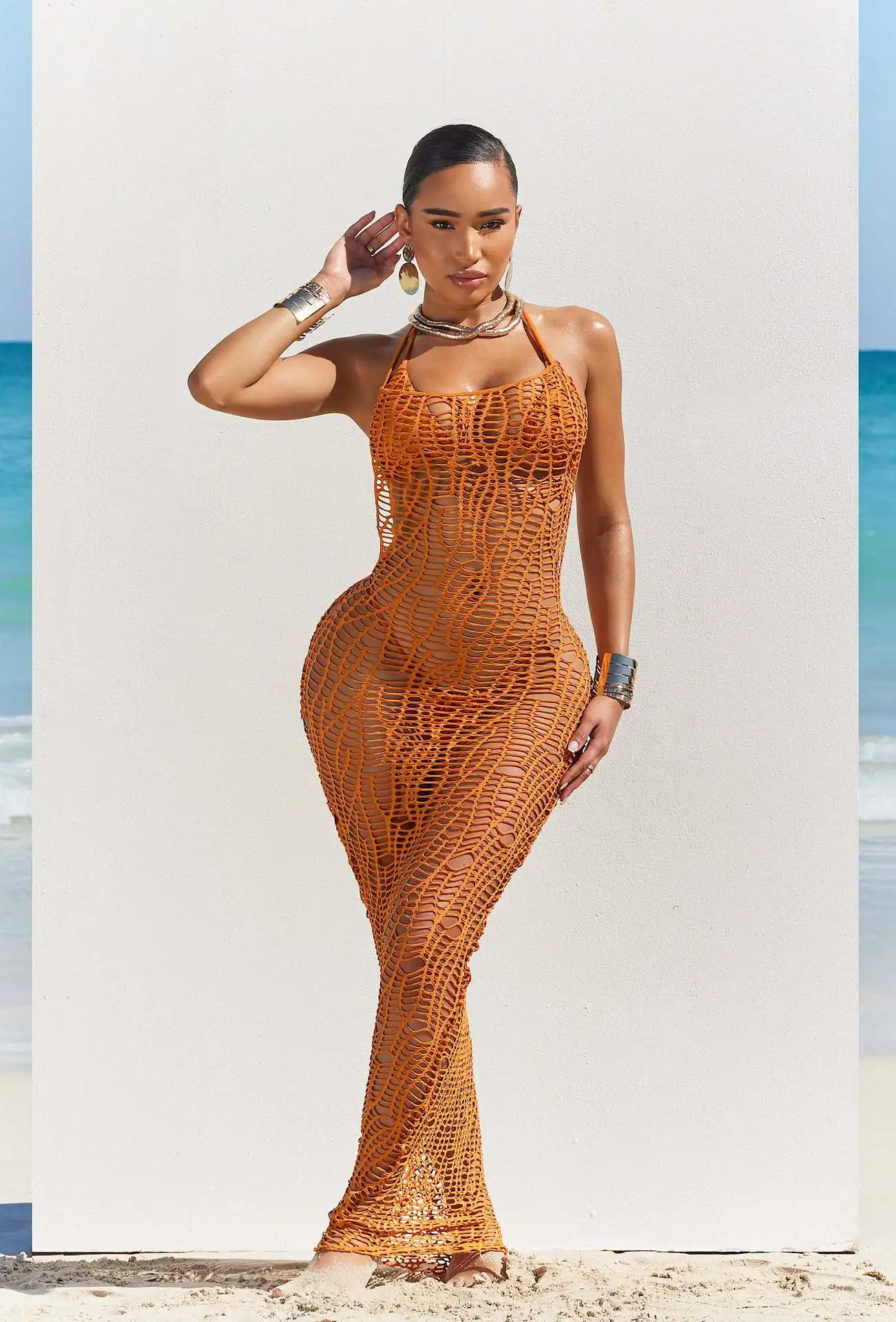 Hollow Out Long Crochet Swimsuit Cover Up HBLL Women's Swimsuit