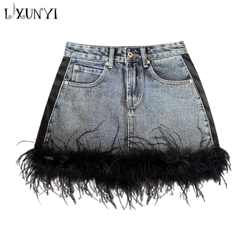 

LXUNYI Ostrich Hair Patchwork Vintage Denim Skirt Street Style Women Y2k Summer Autumn Sexy Slim Mini Short Pencil Skirts