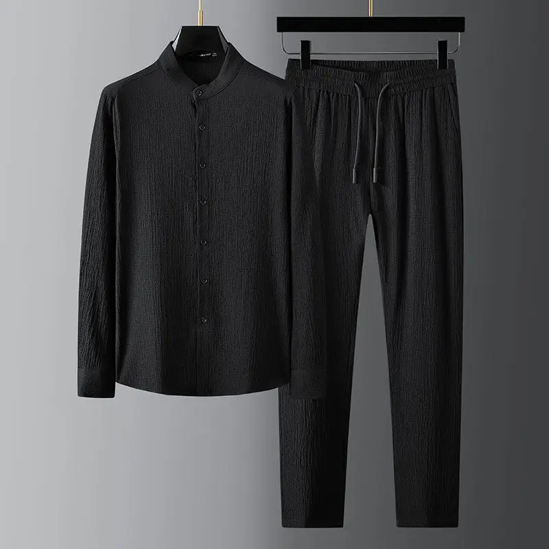 Spring and Summer New Fashion Suit Men's Long Sleeve Casual Shirt and Pants Seersucker Striped Pleated Robe Two-piece Set Shirts 2pcs set summer men s suit elastic waistband pleated casual outfit men business short sleeve shirts long pants set male clothing