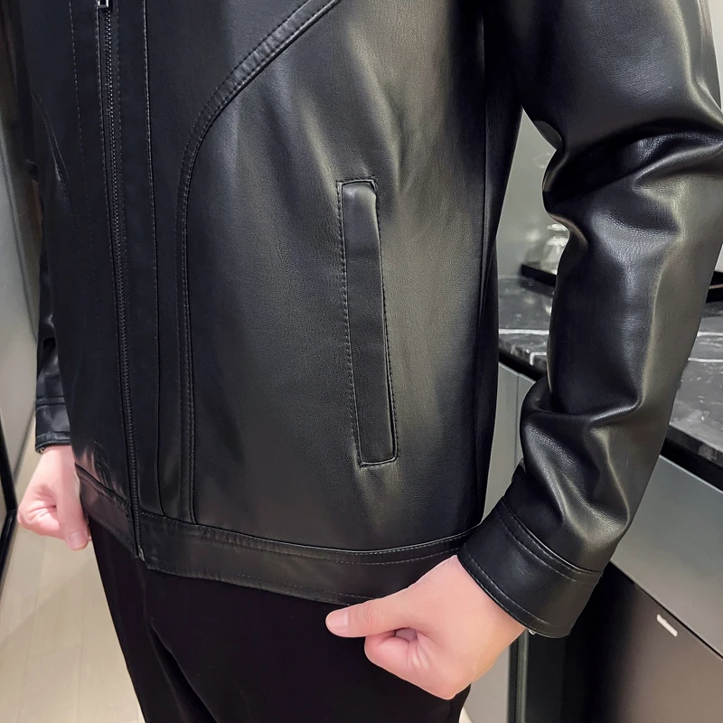 Autumn and Winter Men's Leather Jacket Outdoor Bicycle Windproof Stand Collar Zippered Warm Coat Casual Business Men's Clothing