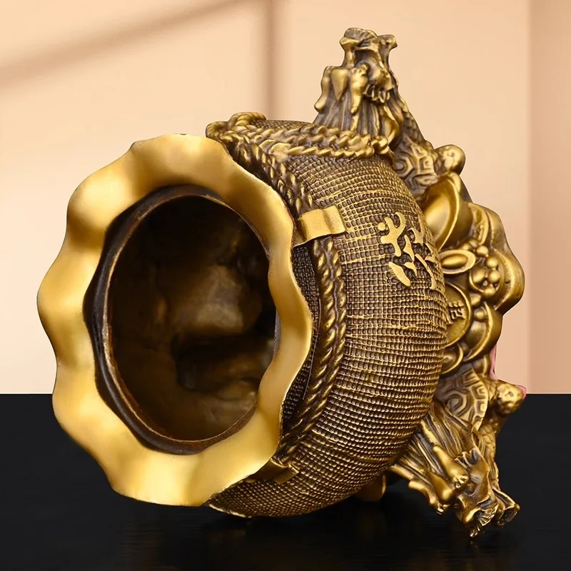 Chinese Brass Money Treasure Bag & Coin Bank, Dragon Head Lid Wealth Pot, Feng Shui Decor for Prosperity Luck, Home Desk Ornamen