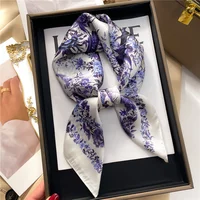 Luxury 2024 Floral Print Square Silk Scarf for Women Hijab Hair Bands 70cm Neckerchief Female Satin Shawl Ribbon Headband 5