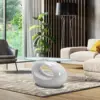Contemporary Glass Coffee Table for Living Room, Oval Glass Table Set, Tempered Glass Top & Glossy Solid Base , White 2