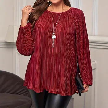 Women's Plus Size T Shirt Autumn Long Sleeve Loose Casual Outdoor Big Size Solid Color Ruched Texture Pearl Pleated Fashion Tops 1