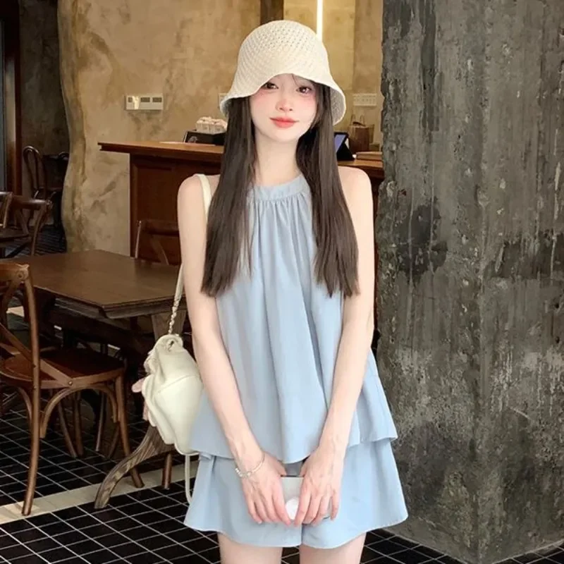 Maternity Clothing Set Summer Lazy Full Score Sleeveless Top Shorts Two Piece Set Summer Vest Maternity Wear Comfortable Breatha