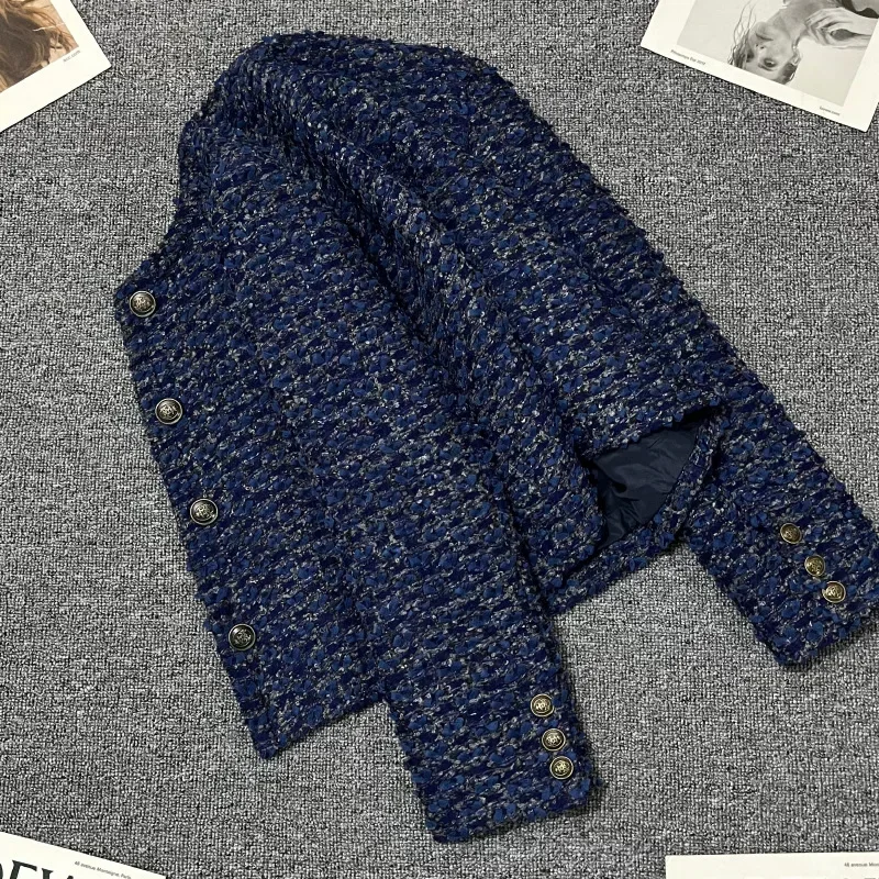 Costume en tweed bleu marine pour femme, blazer formel pour femme, vêtements de travail d'affaires, manteau pour fille, veste à la mode, robe de Rhélégante, 1 pièce