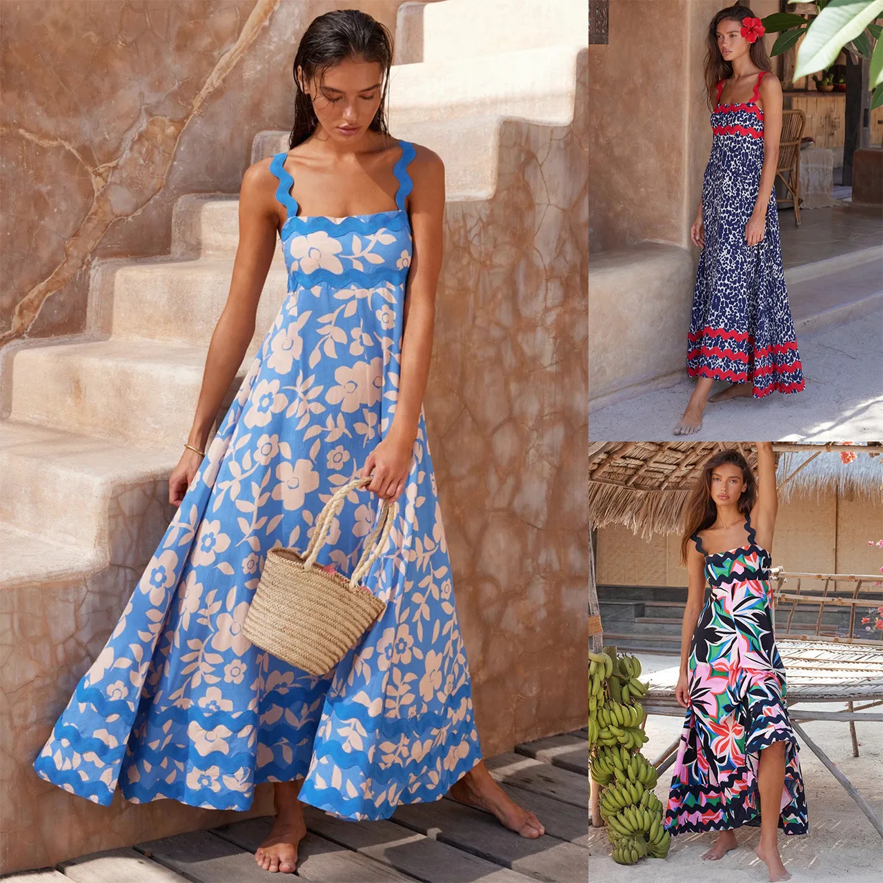 Bohemian Summer Printed A-line Long Dress Sexy Backless Holiday Beach Spaghetti Strap Dresses For Women Maxi Vestidos Para Mujer