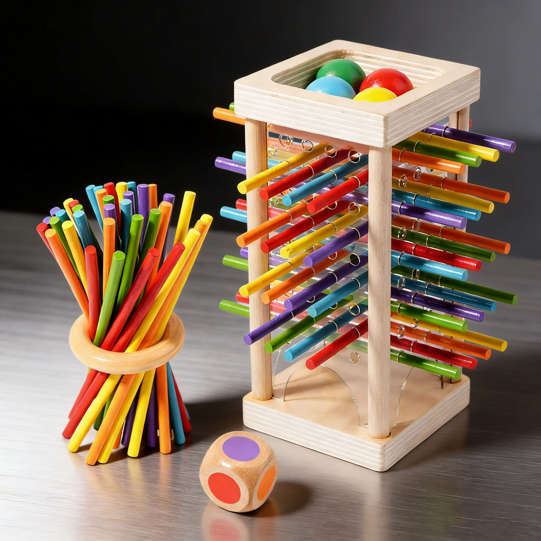 Wooden Stick Pulling Toy Colorful Stick Game with Dice Balls Toddlers Crack-Resistant Wood Smooth Polished Safe Play Skill Build