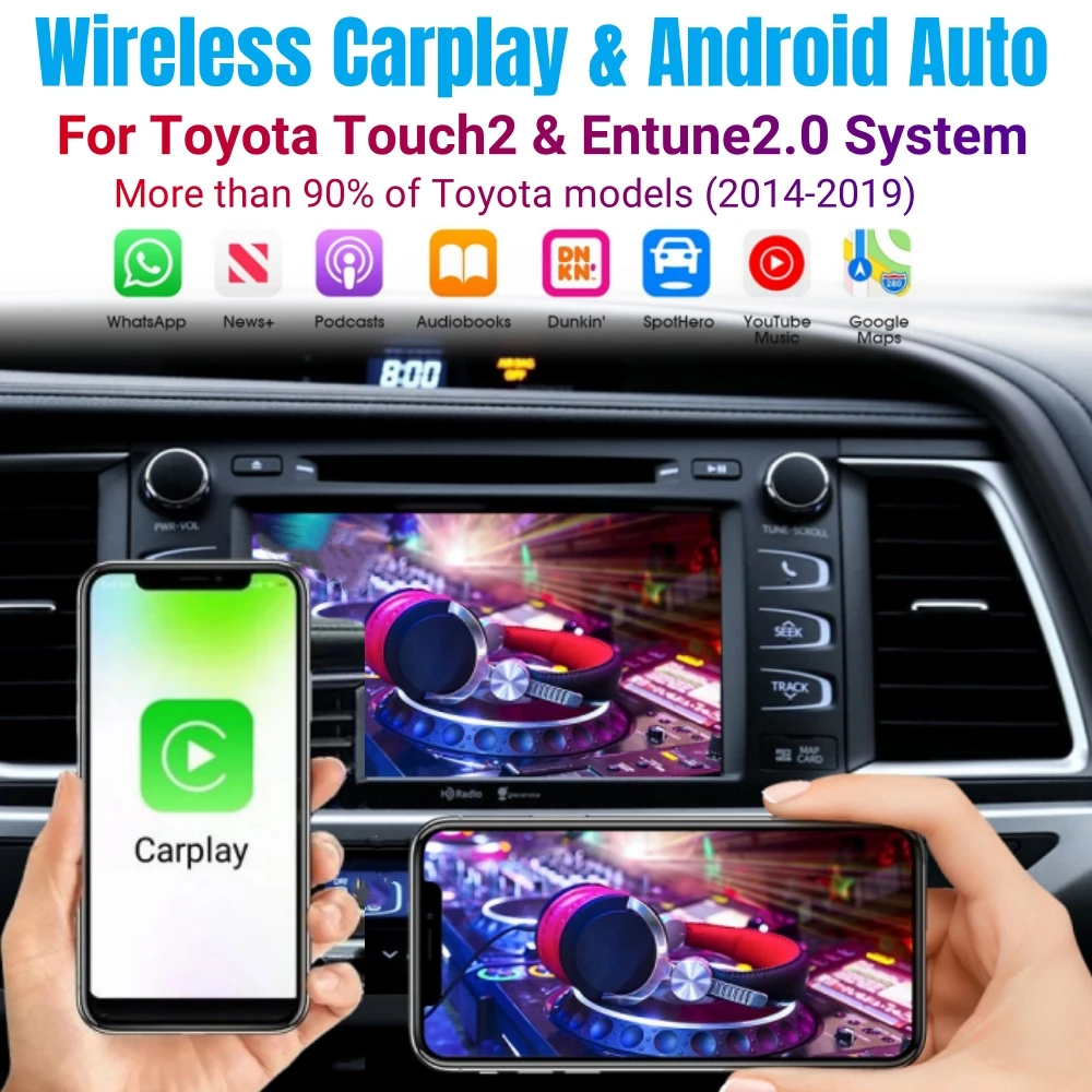 CarPlay sans fil pour TOYOTA Touch 2 2014 – 2019 Highlander Tundra CHR RAV4 Tacoma Land Cruiser Prado Auris Avalon, Android Auto