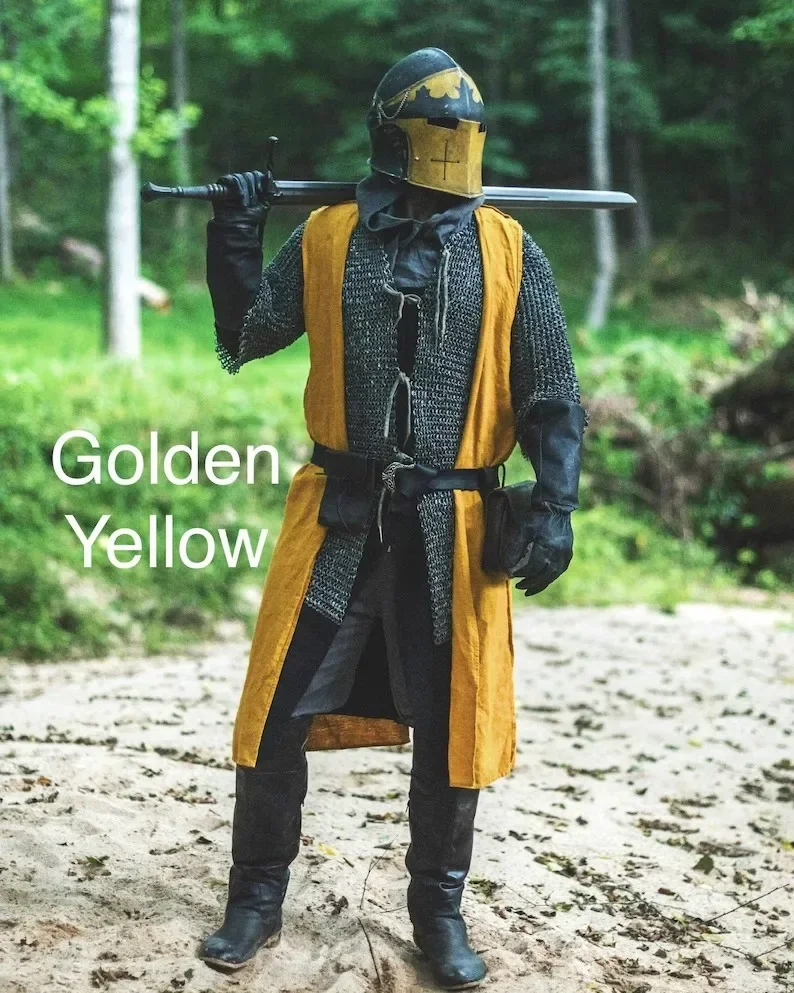 Linen Medieval Surcoat - Open-Front Celtic Robe with Hood for LARP and Renaissance Cosplay