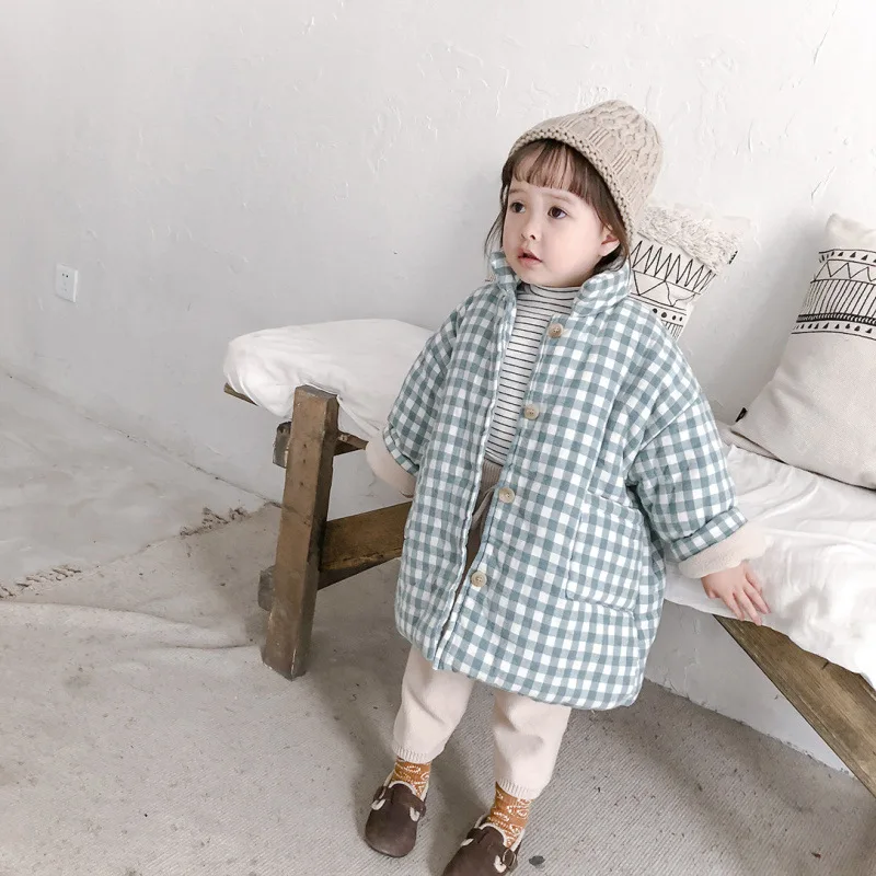 Winter cute girls warm thicken quilted plaid coats boys stand collar single-breasted fleece jackets outwear