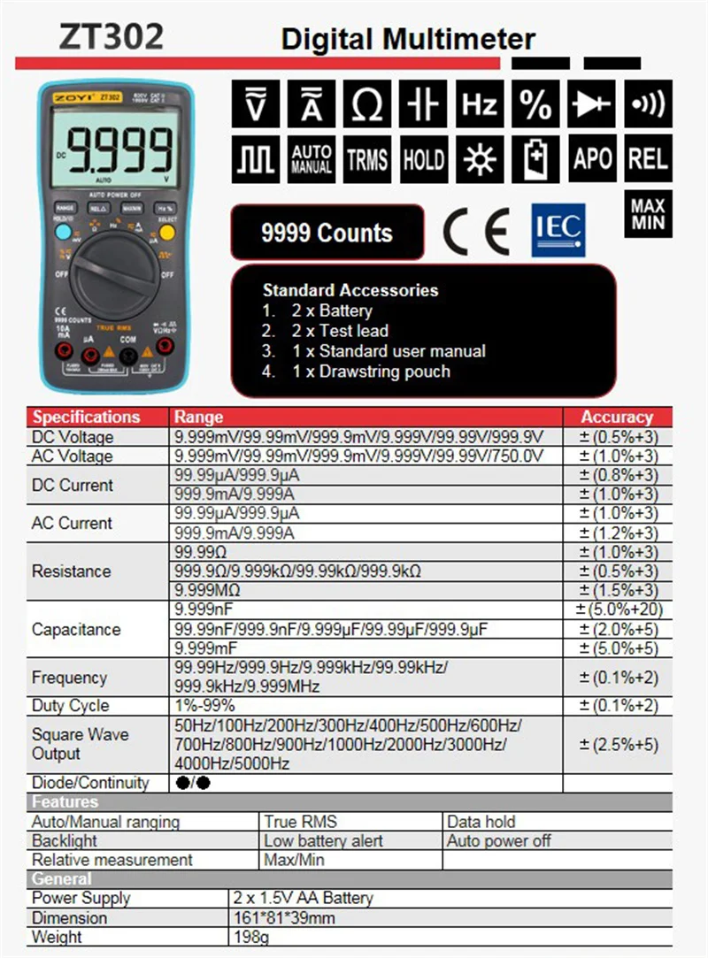 ZOYI Digital Multimeter 19999 High precision True RMS Auto Range Ammeter Voltmeter Smart Capacitor Temperature NCV Ohm Hz Tester 2