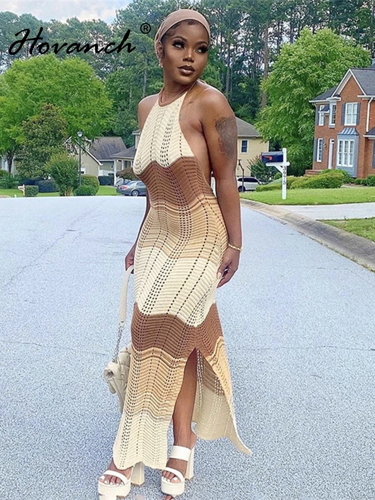 

Hovanch Knitted Patchwork Halter Lace-Up Maxi Dresses Women Sexy Backless Split Bodycon Dress Summer 2023 Beach Vacation Outfits