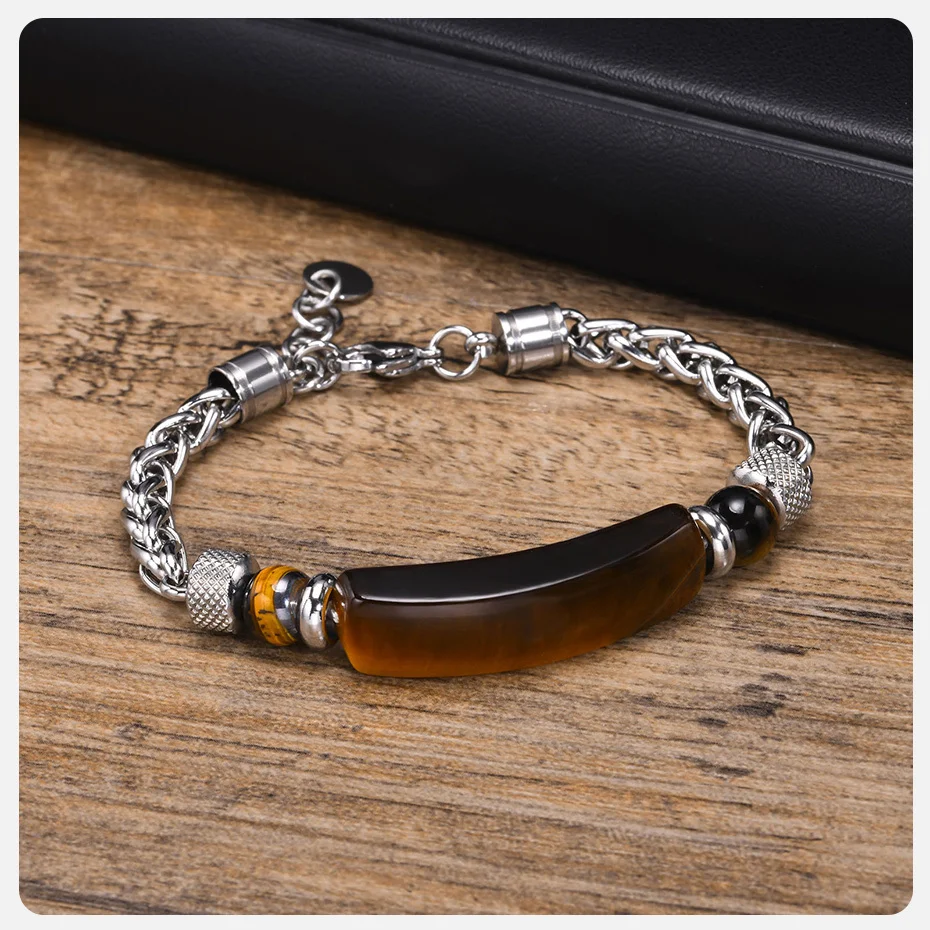 Vnox Naturstein-Armbänder für Männer, Anti-Allergie-Edelstahl-Weizenketten-Armband, Geschenke für Vater, Vater, Geburtstag, Weihnachten – Detail 7