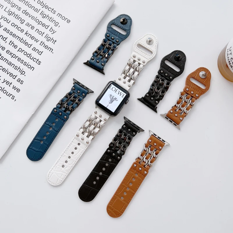 

Leather Strap For Apple watch ultra 49mm 45mm 41mm Metal Stainless Steel Denim Chain Bracelet iWatch 8 7 6 5 4 SE 44mm 42mm 40mm