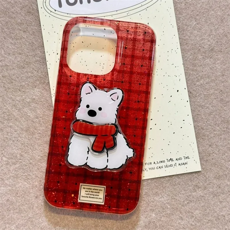 Glitter Semi-Transparent Red Checkered Phone Case with Double-Layer Puppy Holder