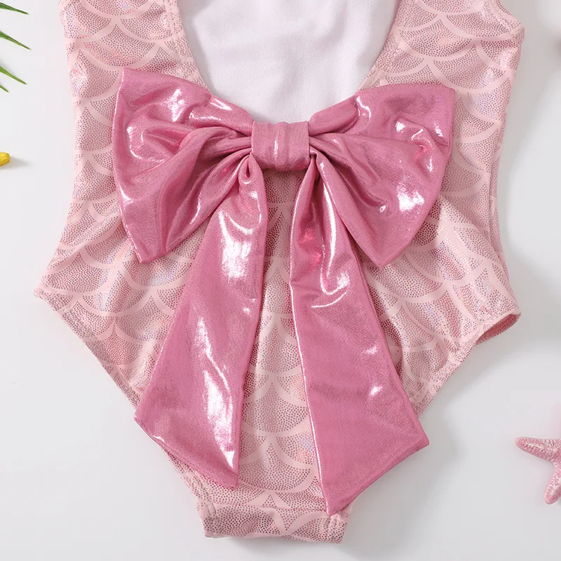 Cute Toddler Baby Girls Swimwear Ruffles Sleeveless Beachwear Swimsuit Lovely Pink Mermaid Bathing Suit + Sun Hat 2pcs Set