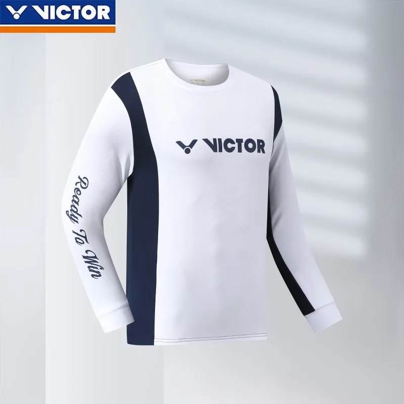 Victor New Men's and Women's Same Badminton Jersey Fashionable Versatile Letter Printing Long-sleeved T-shirt