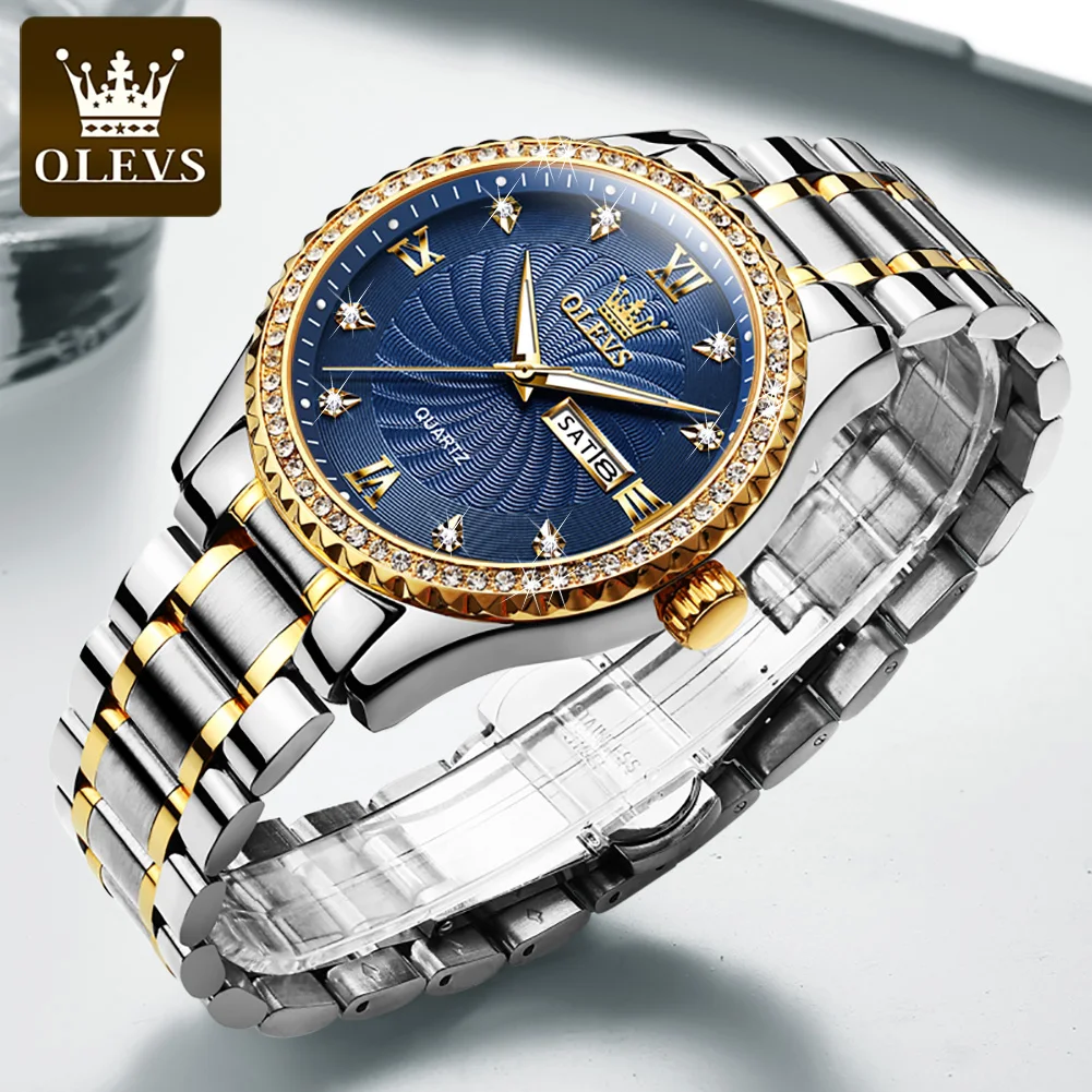 

Olevs Top Brand Full Stainless Steel Strap Quartz Men Wristwatches Luxury Golden Diamond-encrusted Business Waterproof Watches