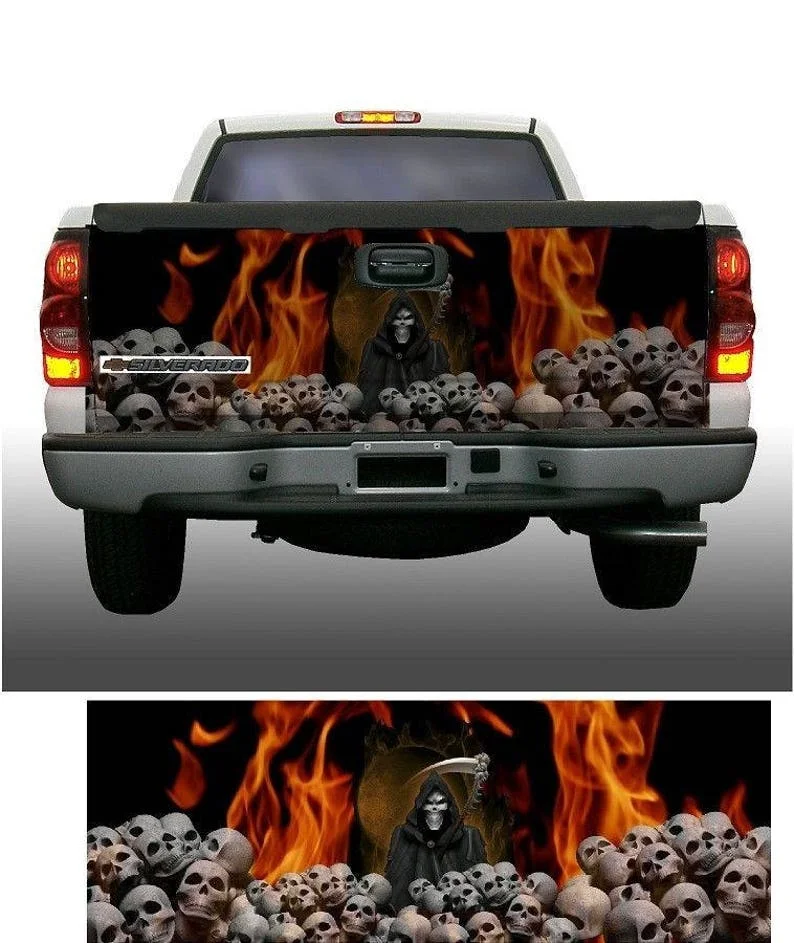 

Fire flames skull graveyard grim reaper black and orange mural tailgate wrap vinyl graphic decal