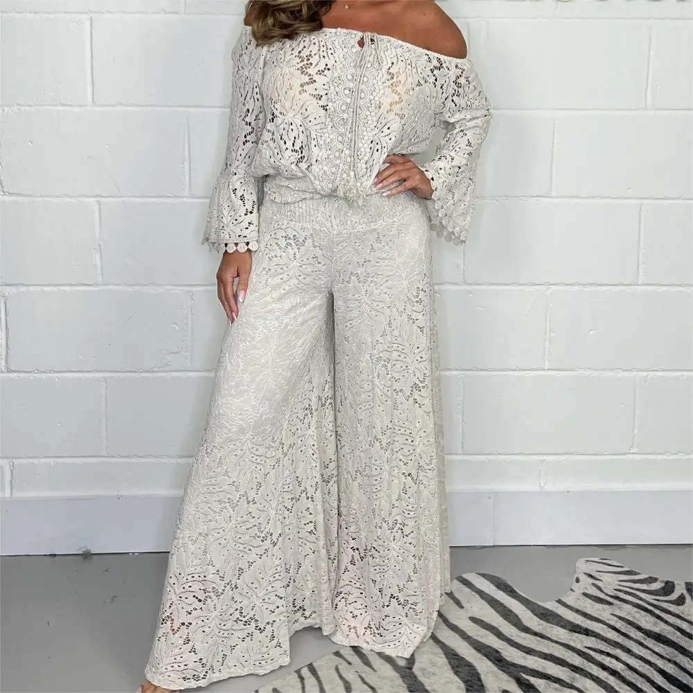 Women Loose Fit Suit Elegant Lace Off Shoulder Blouse Wide Leg Pants Set For Women Floral Pattern High Waist Outfit With Loose