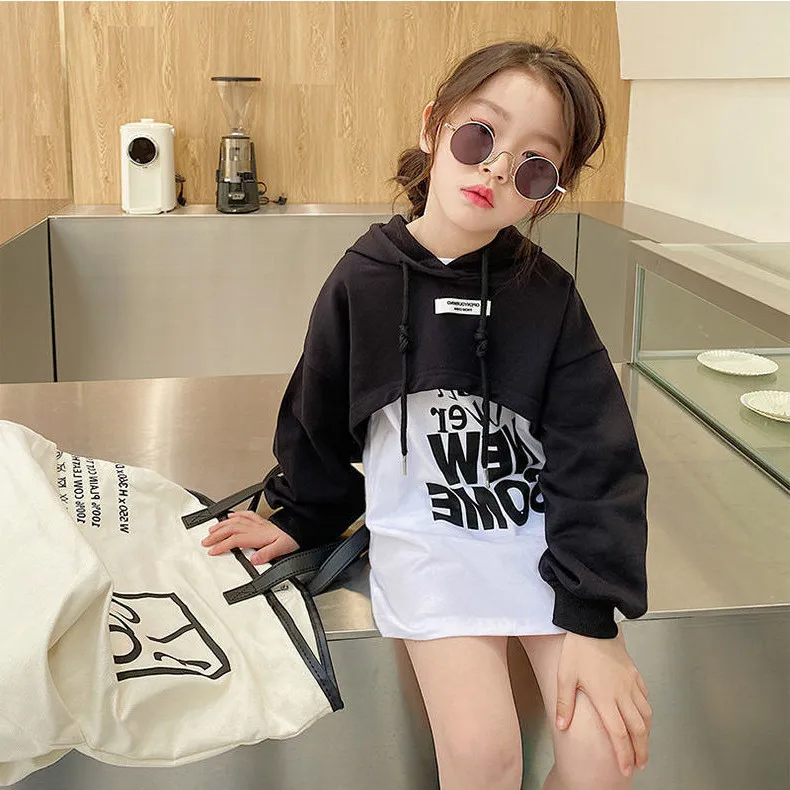 

Girls' Spring and Autumn Long Sleeve Hoodie, New Style, Korean Edition, Western Style Top, Girls' Mid length T-shirt, Skirt