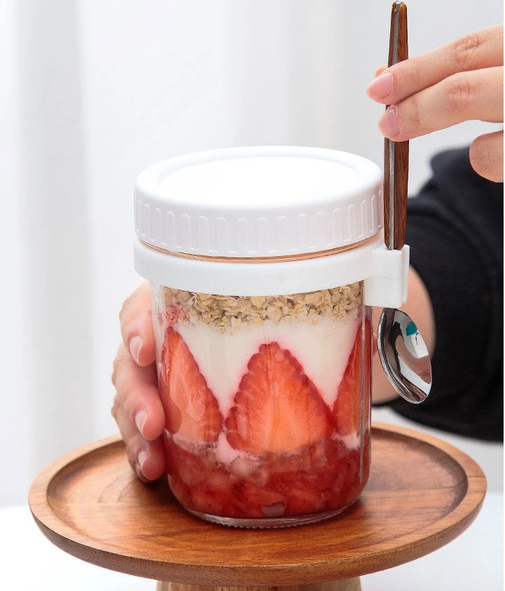 350ML Kitchen Tool Overnight Oat Cup Glass With Lid And Spoon Seal Food Breakfast Cup Portable Cereal Milk Salad Yogurt Cup