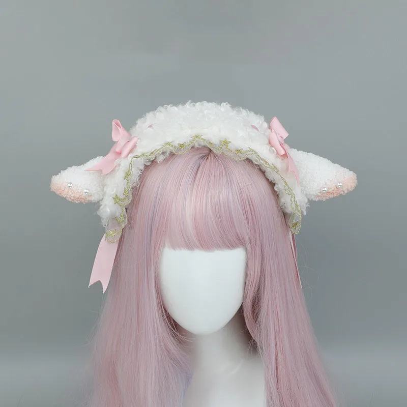 

Japanese Lolita Ruffled Headband Sweet Star Embroidery Furry Lace Ribbon Bow Hairband Anime Maid Cosplay Lamb Ears Headdress New