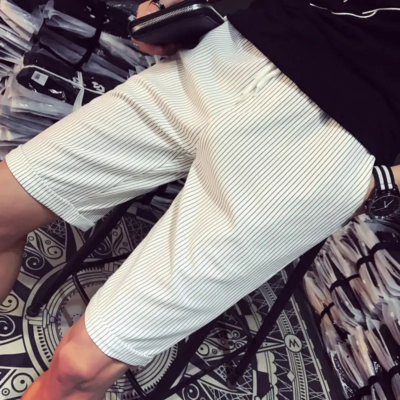 Elastic Waist Loose Straight Temperament Shorts Handsome Striped Lacing Pockets Fashionable Street Casual Men's Clothing 2023
