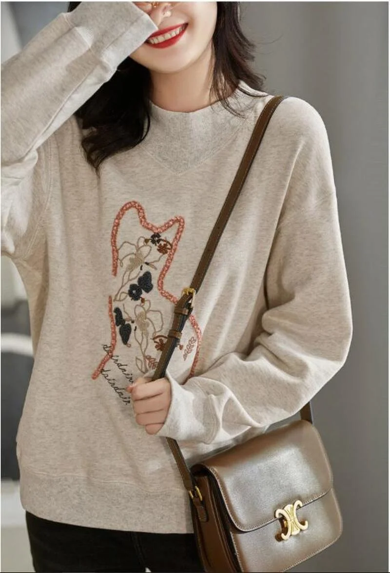 2022 Spring Autumn Sweatshirt Women New Fashion Cotton O-neck Long Sleeve Sweatshirt Stitching Casual Cat Embroidery Clothes