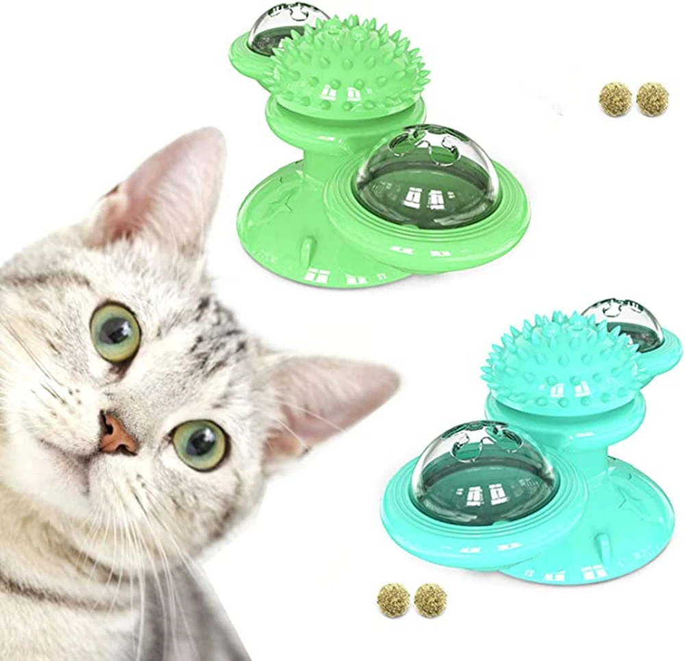 Interactive Cat Toy Windmill Portable Scratch Hair Brush Grooming Shedding Massage Suction Cup Catnip Cats Puzzle Training Toy herding ball for dogs